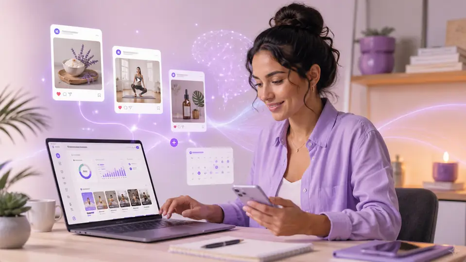 Des brouillons de posts générés par l'IA dans un tableau de bord de réseaux sociaux