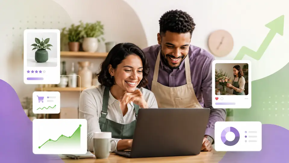 La vitrine d'une petite entreprise à côté de son audience en ligne qui grandit