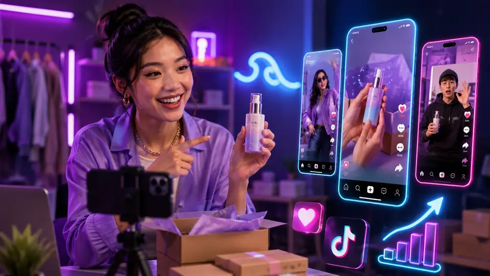 Un fil TikTok vertical à côté de ses chiffres d'engagement